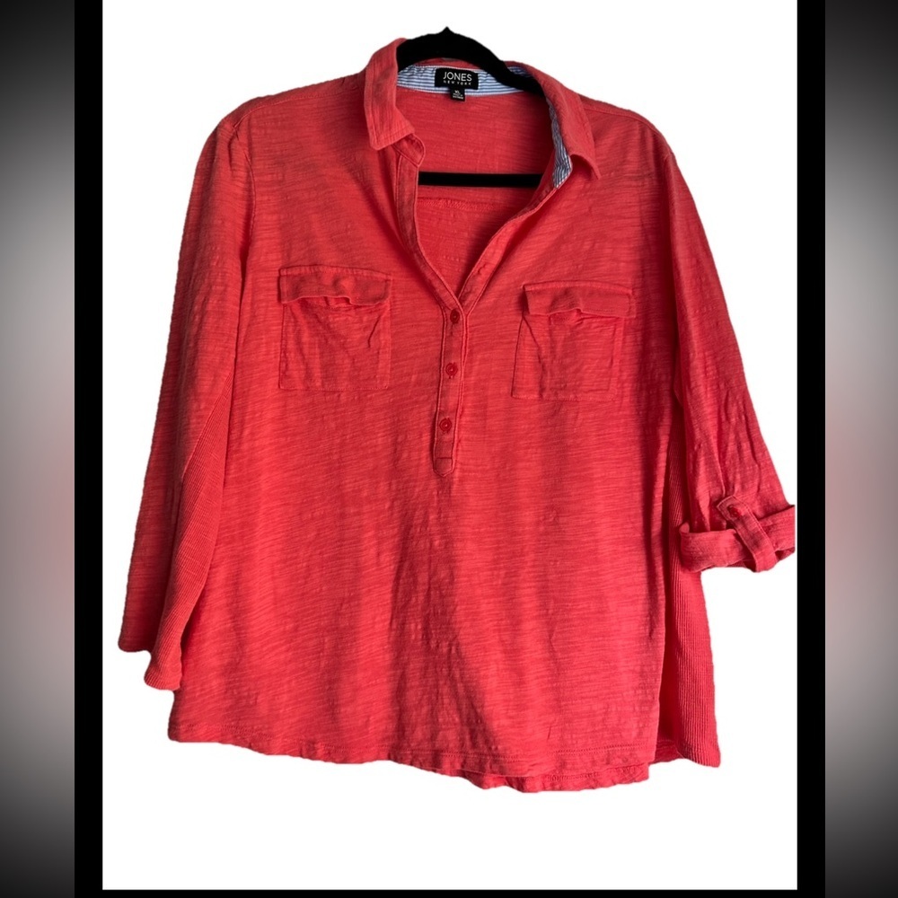 Jones New York Womens Coral 3/4 button Roll sleeve Cotton shirt Sz XL